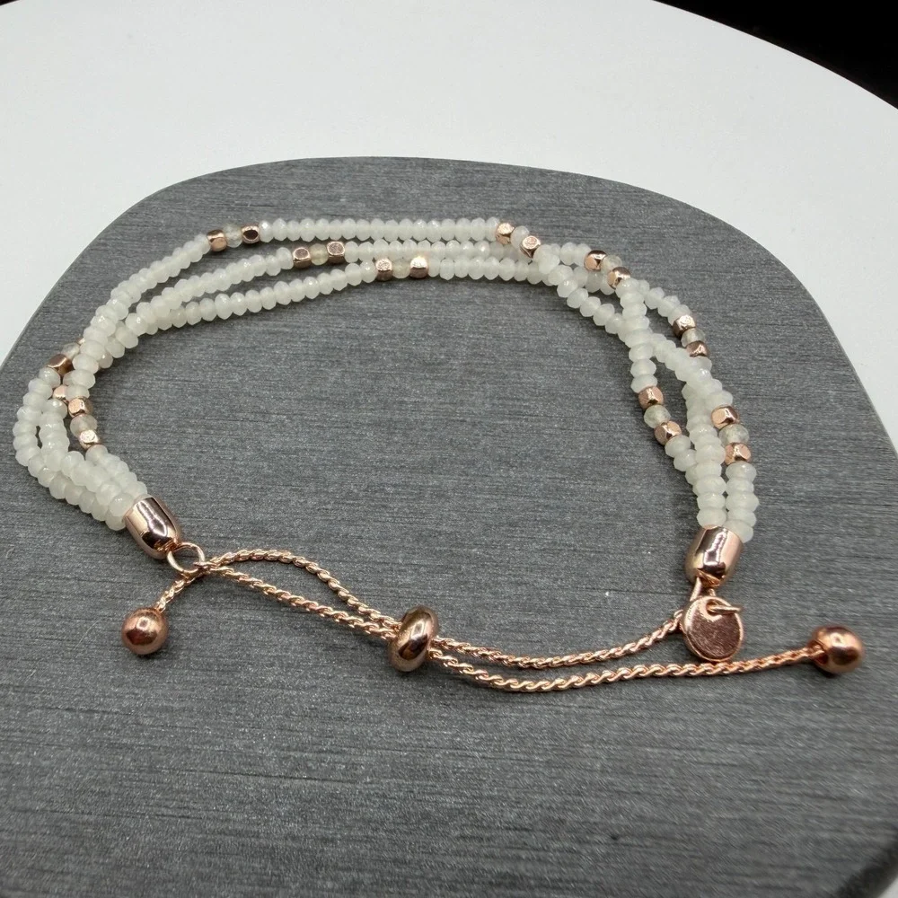 White Faceted Bead 3 Strand Bracelet Rose Gold Tone Adjustable Bolo Slider Gift